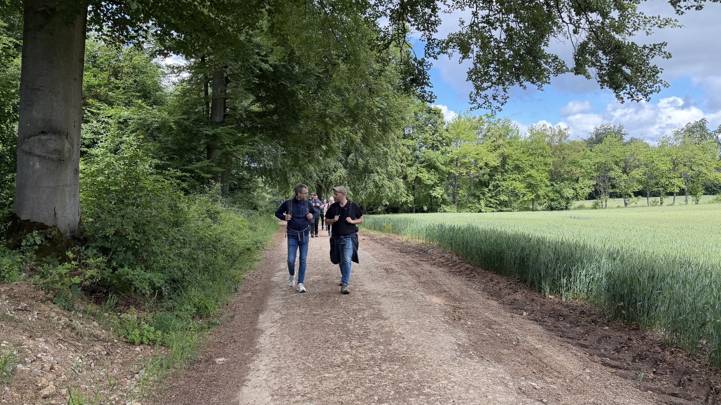 Zwei Teilnehmer im Gespräch auf einem Feldweg am Waldrand: Wandercoaching in der Eifel