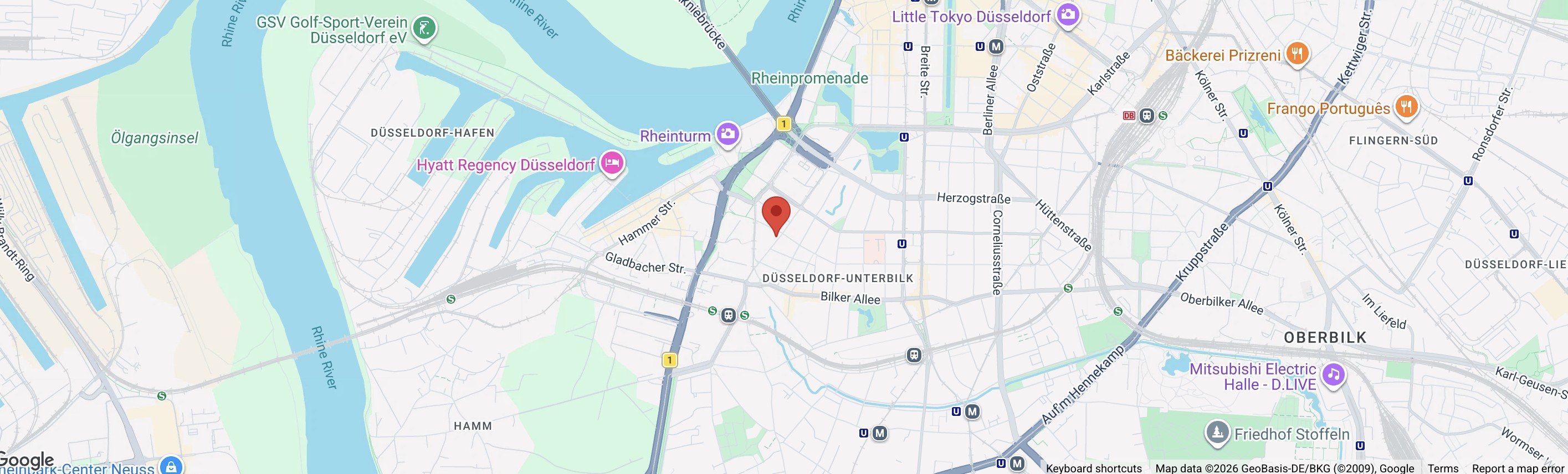 Kartenausschnitt Düsseldorf-Unterbilk mit Markierung der Alten Buchbinderei in der Lorettostraße